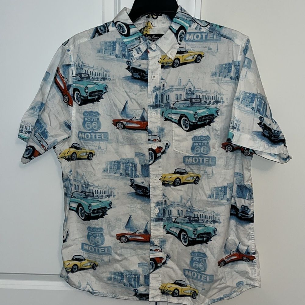 Route 66 vintage Corvette Stingray print SS summer button shirt M Hawaiian Luau